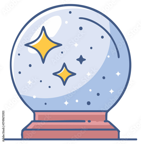 Cartoon illustration of a fortune teller's snow globe with stars and magical elements