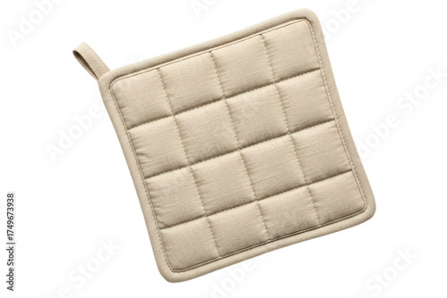 Beige fabric kitchen potholder with quilted pattern isolated with transparent background