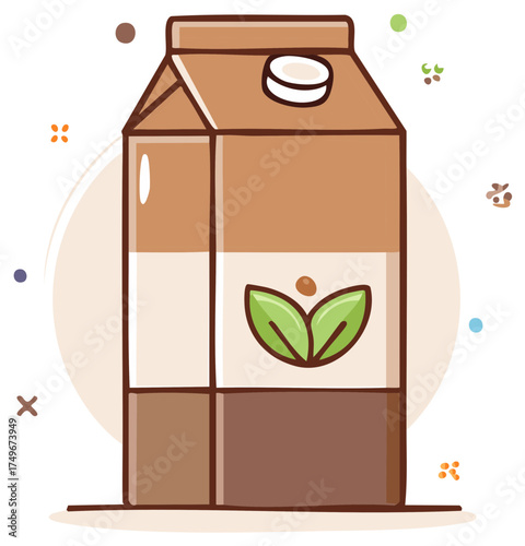 Kawaii style brown beverage carton with green leaf logo for plant based milk alternative or chocolate drink