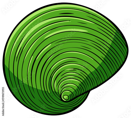 Stylized Green Seashell Illustration Round Spiraled Nautical Sea Life Mollusk Shape