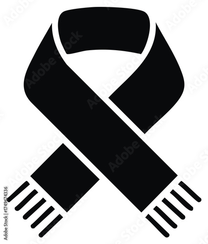 Simple black crossed scarf with fringes icon for winter weather garment concept and warmth, with basic vector art