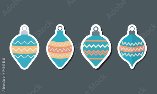 Christmas Ornament Sticker Icons Set, Retro Holiday Ball Decorations, vector illustration