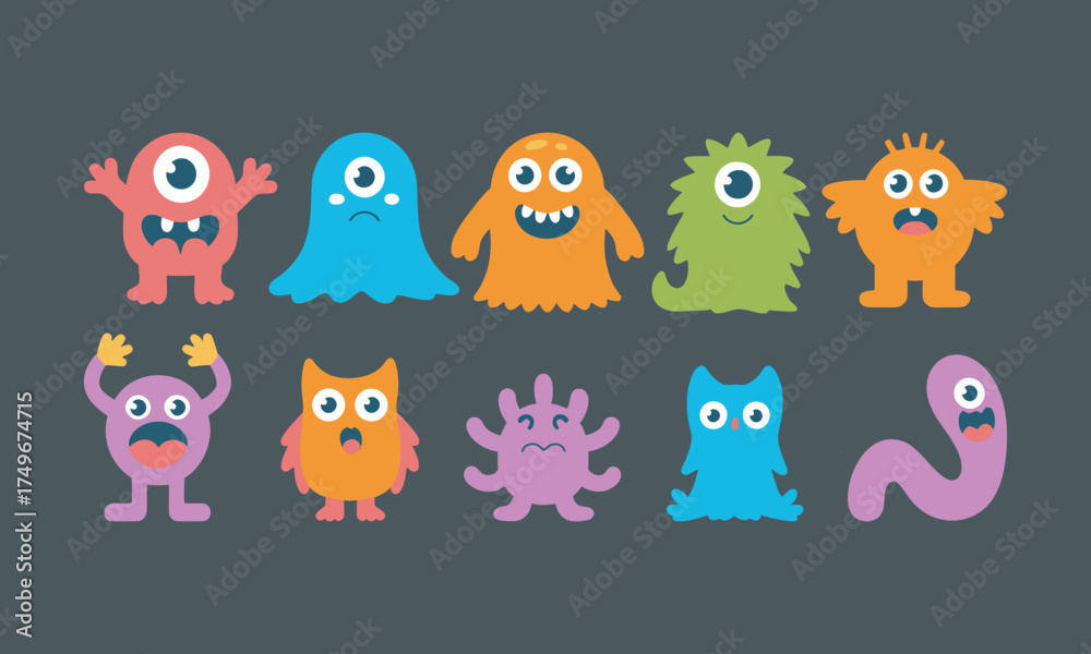 Naklejka premium Cute Little Monsters Cartoon Set, Colorful Alien, Ghost, and Funny Creature Illustrations, vector