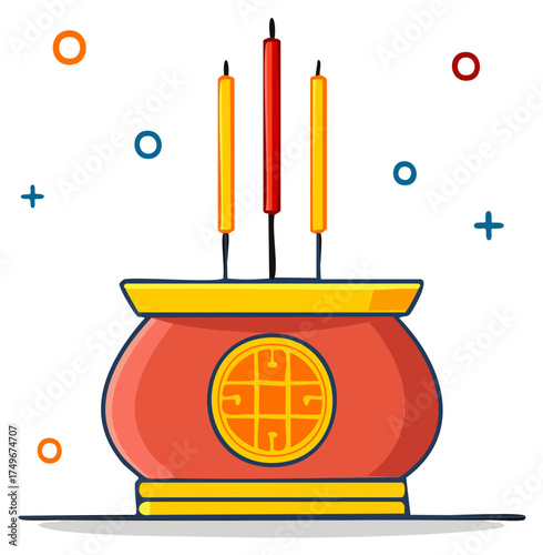 Vibrant red incense burner with three colorful candles and decorative symbols, symbolizing tradition and ceremony