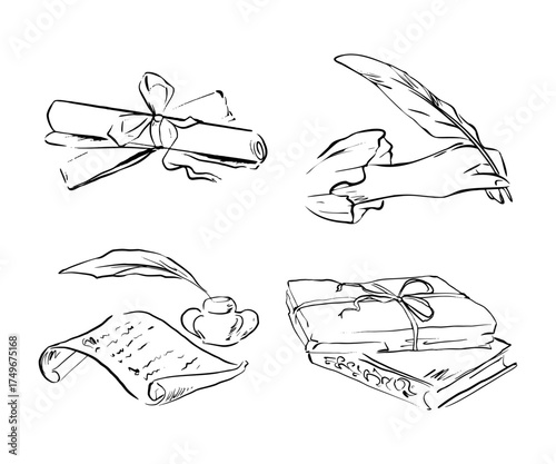 Set of scrolls, envelopes, and quills with ink bottles in whimsical line art. Quickly sketched vector illustration for wedding invitations, journaling, scrapbooking, romantic and literature designs.