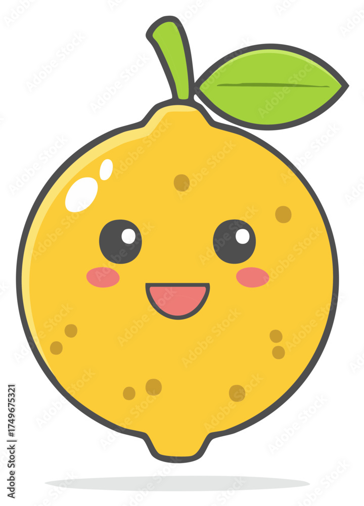 Obraz premium Smiling Yellow Lemon Fruit Kawaii Character with Green Leaf Cartoon cheerful freshness