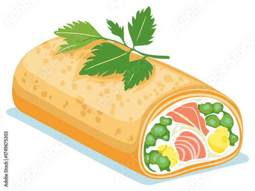 Illustration of a savory crepe roll with salmon, cream cheese, peas, and a parsley garnish