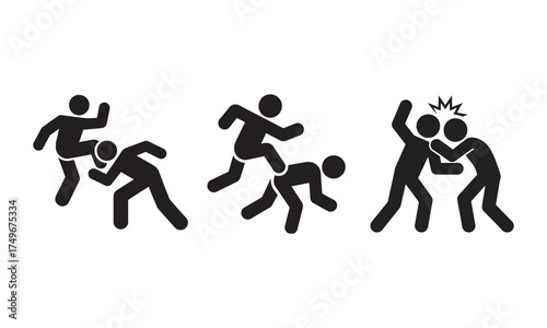 Fighting and Kicking Stickman Icons Set, Violence, Attack, and Martial Arts Silhouettes, vector illustration