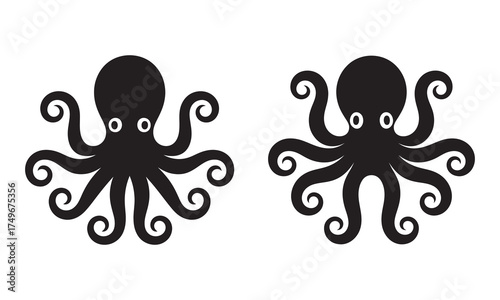 Cute Octopus Silhouette Icons Set, Marine Life, Sea Animal, and Ocean Mascot, vector illustration