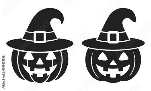 Jack-o'-Lantern with Witch Hat Silhouette Icons, vector illustration