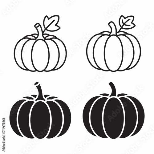 Simple Pumpkin Line Art and Silhouette Icon Set, vector illustration