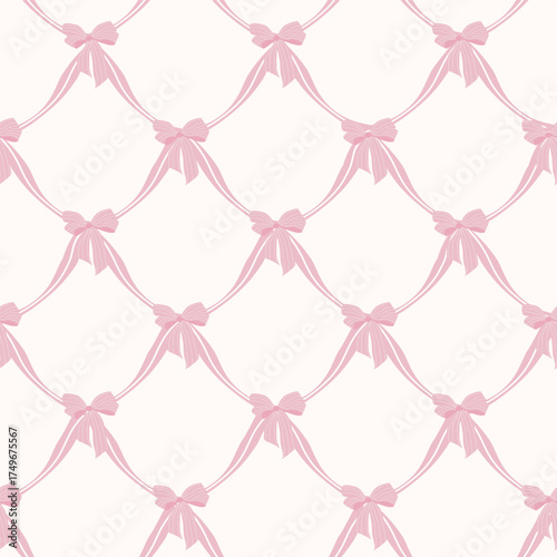 Pink bow seamless pattern. Elegant coquette ribbon design. Modern decorative background for wrapping paper, gift packaging, wallpaper, and fabric.