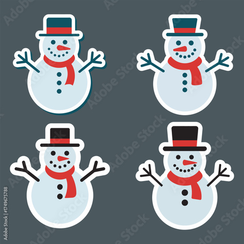Cute Snowman Sticker Icons with Top Hat and Red Scarf, vector illustration