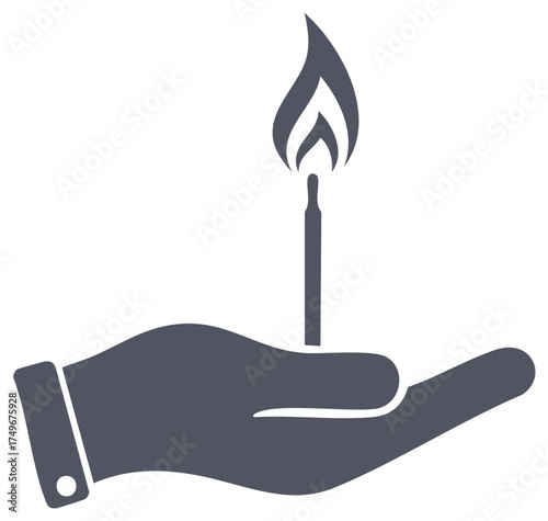 Stylized Hand Holding a Lit Matchstick with Dark Blue Silhouette Against a White Backdrop