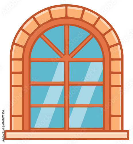 Classic arched window with wooden frame and brick surround cartoon illustration
