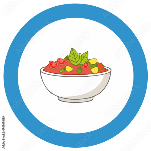 Stylized bowl of tomato and basil soup with sliced lemon in blue circle graphic