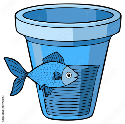 Cartoon illustration of a blue fish inside a glass or container, aquarium.