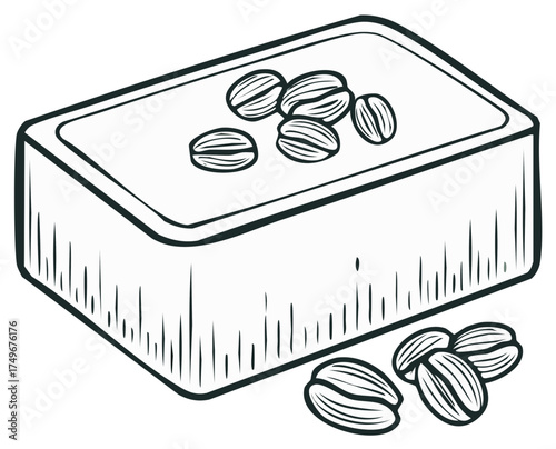Artisan coffee soap bar with whole beans vector line art sketch