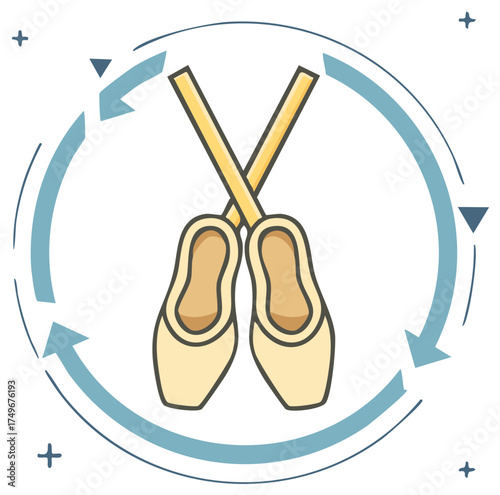 Graceful ballet slippers crossed with circular arrow symbolizing dance and movement flow vector illustration