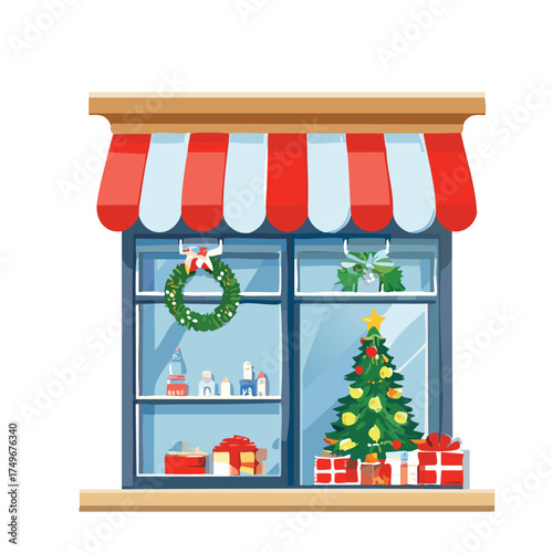 An illustration of a Christmas tree in a glass jar placed inside a retail shop window with an awning