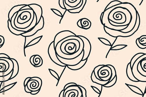 Seamless floral line art pattern with hand drawn roses for modern fabric and wallpaper.