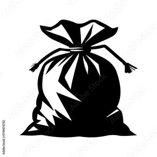 A simple black and white graphic illustration of a full tied garbage bag with a drawstring closure isolated on a white background representing waste and disposal