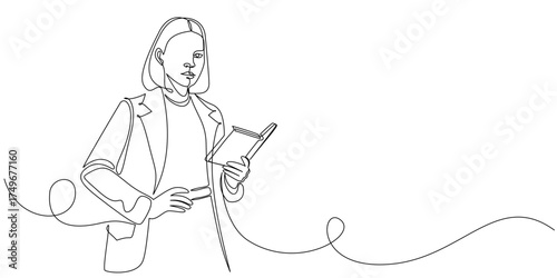 Minimalist line art illustration of a young woman holding a book. Editable line Vector eps