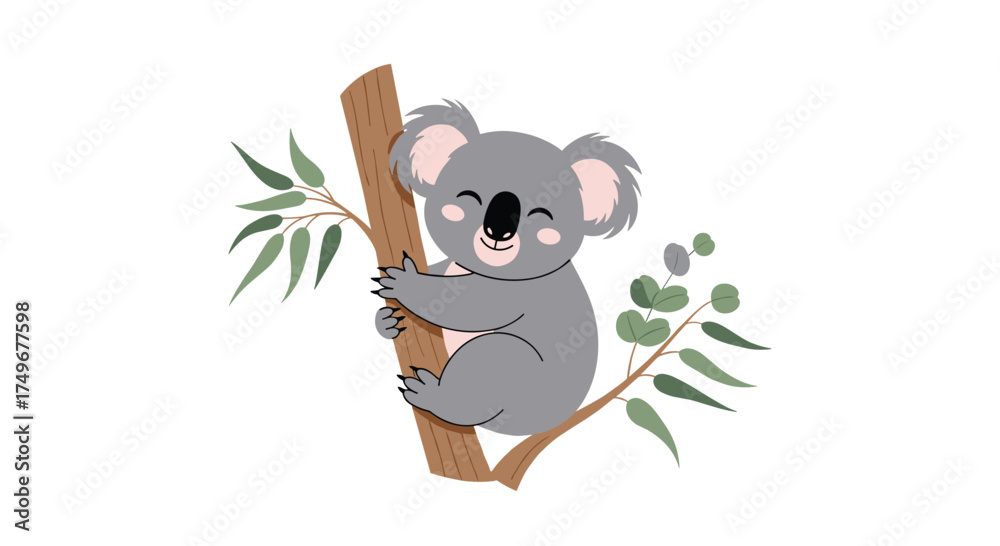 Obraz premium Cute koala bear hugging a eucalyptus tree branch with green leaves in a cartoon style.