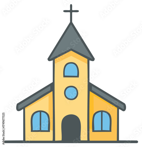 Simple cartoon illustration of a Christian church building with a cross on the steeple