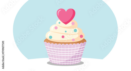 A delicious sweet cupcake with frosting and a heart on top.