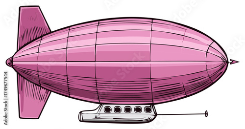 Illustration of a pink dirigible with gondola and tail fins