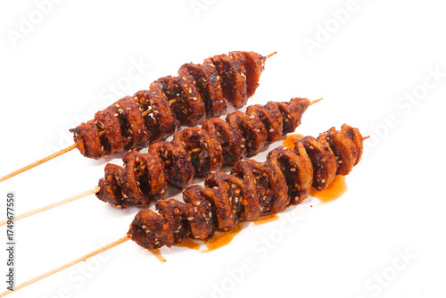 Handmade Roasted Gluten Skewers from Henan Province China - Traditional Spicy Street Food on White Background