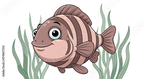 A cute cartoon fish swims happily amongst the green seaweed.
