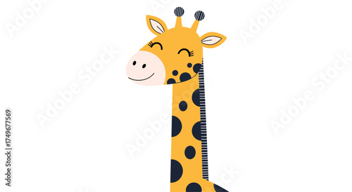 A cute cartoon giraffe with a height chart incorporated into its neck on a white background.