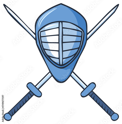 Cartoon illustration of a blue kendo mask and two crossed shinai swords, a symbol of Japanese martial arts