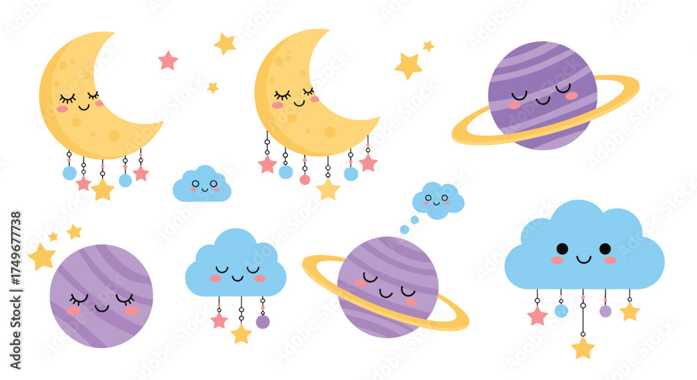 Fototapeta premium Cute cartoon moons planets and clouds in a starry sky.