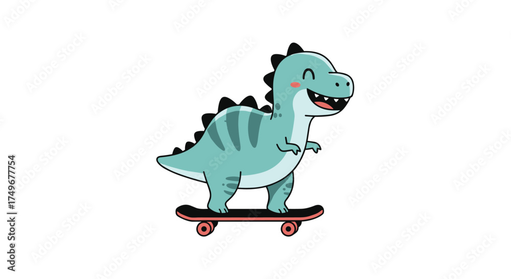 Fototapeta premium Adorable baby tyrannosaurus rex cartoon riding a skateboard with a happy smile.