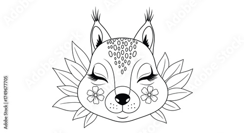 This adorable black and white drawing features a cute squirrel with its eyes closed.