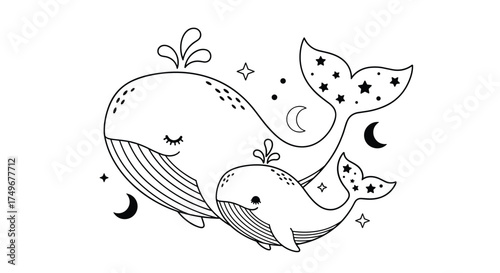 Whimsical illustration of a mother and baby whale swimming under the night sky.