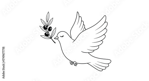 A white dove flying with an olive branch symbolizing peace and hope.