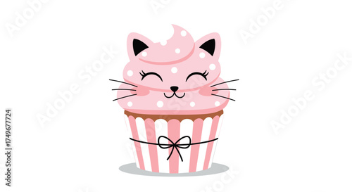 A sweet and adorable pink cat cupcake with a charming bow.