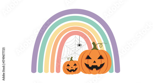 Happy halloween cute ghost and pumpkins under pastel rainbow.