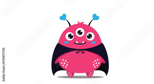 A cute three eyed pink monster with blue hearts on its antennae.