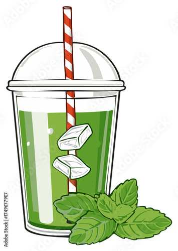 Healthy Green Smoothie Ice and Mint To Go Cup Striped Straw Illustration