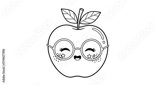 Cute anthropomorphic apple character wearing glasses and a smiling face.