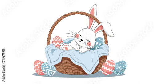 A cute sleeping bunny rests in a basket filled with decorated easter eggs.