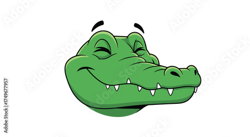 Happy cartoon alligator with closed eyes and a wide smile showing its teeth.