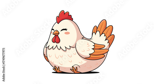 A cute fluffy chicken sitting calmly and looking happy.