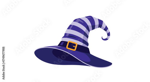A whimsical witches hat with purple and blue stripes and a golden buckle.