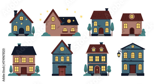 A collection of charming cartoon houses glowing warmly at dusk.